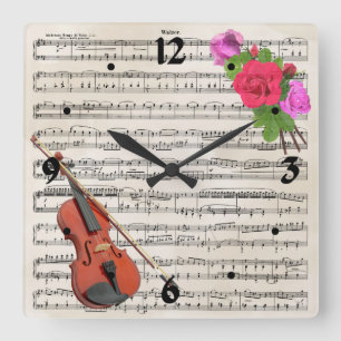 Horloge Carrée Violin and Roses Vintage Sheet Music Design