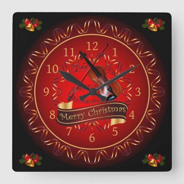 Horloge Carrée Violon ~ Joyeux Noël ~ Maron & Noir ~ (Recto)