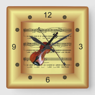 Horloge Carrée Violon ~ Partition courbe ~ Arrière - plan or ~ 