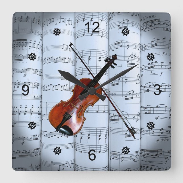 Horloge Carrée Violon ~ Partition roulée ~ Arrière - plan de tein (Recto)