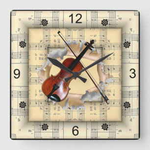 Horloge Carrée Violon ~ Rompre à travers une musique de feuille 