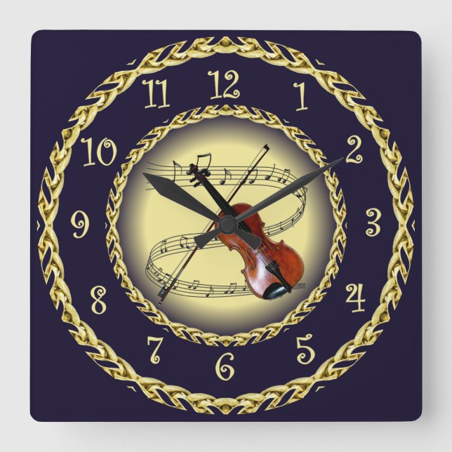 Horloge Carrée Violon ~ Scroll musical ~ Gold/Navy Blue ~ ~ ~ ~ (Recto)