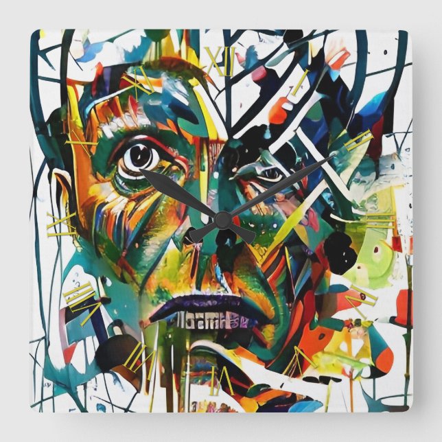 Horloge Carrée Visage Abstrait d'un alien (Recto)