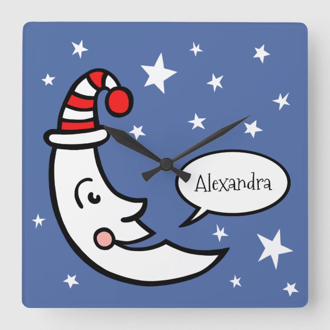 Horloge Carrée Visage et étoiles de lune personnalisées (Recto)