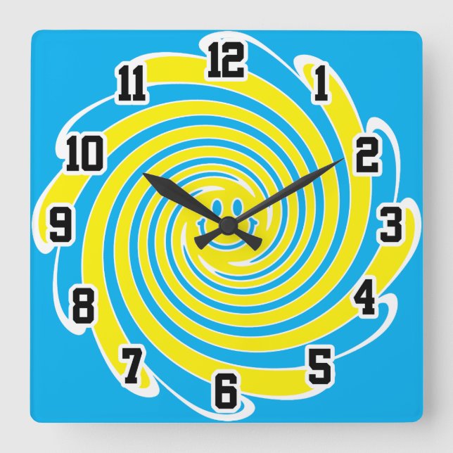 Horloge Carrée Visage joyeux bleu et jaune (Recto)