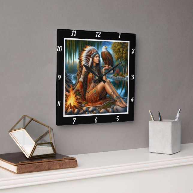Horloge Carrée Vision autochtone : La fosse aux yeux de l'aigle (Bureau)