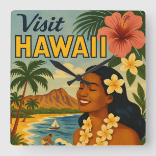 Horloge Carrée Visite Hawaii Tourisme Art Mid Century
