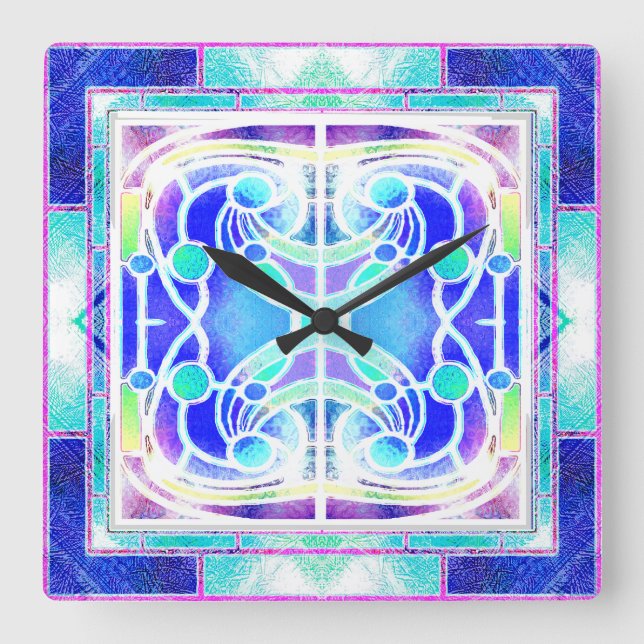 Horloge Carrée Vitrail de Cathédrale en Bleu et Vert (Recto)