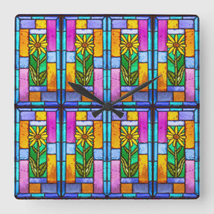 Horloge Carrée Vitrail Jaune marguerite