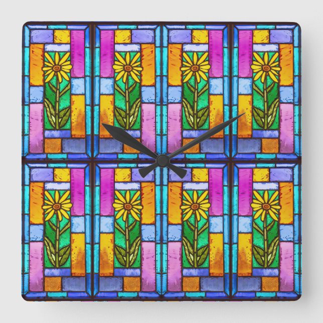 Horloge Carrée Vitrail Jaune marguerite (Recto)