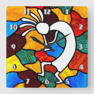 Horloge Carrée Vitrail Kokopelli