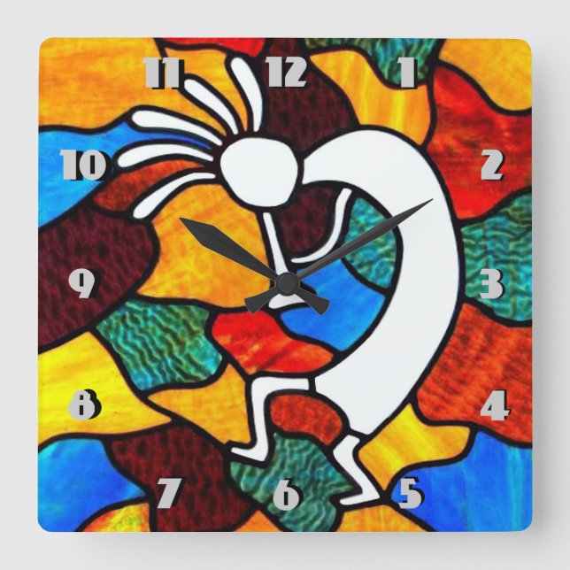 Horloge Carrée Vitrail Kokopelli (Recto)