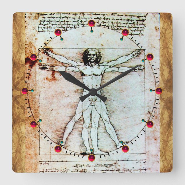 Horloge Carrée VITRUVIAN MAN Antique Parchment Rouge Ruby Gemston (Recto)