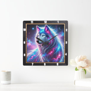 Horloge Carrée Vivid Galaxy Wolf Céleste et éthéré vibrant