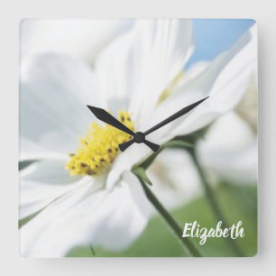 Horloge Carrée Vœux avec des marguerites blanches personnalisés