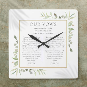 Horloge Carrée Vœux de mariage pour lui et elle, feuillage vert