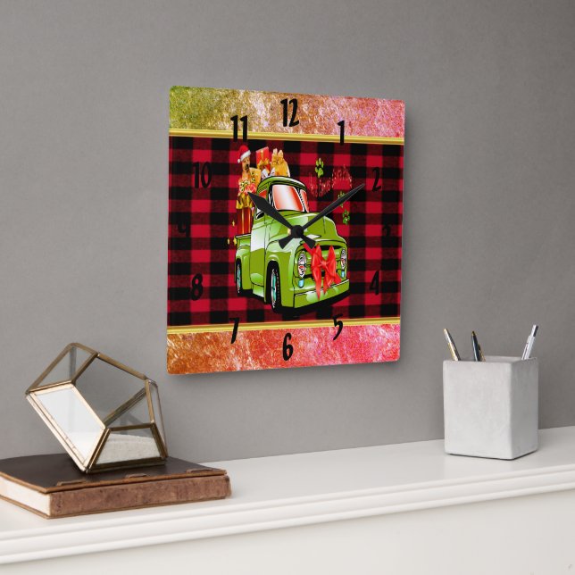 Horloge Carrée Voici Père Noël paws chien défilé de Noël camion (Bureau)