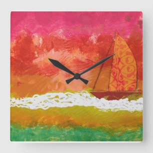 Horloge Carrée Voile Ciel rouge