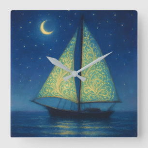 Horloge Carrée Voilier au Clair de Lune - Peinture au Style Paste
