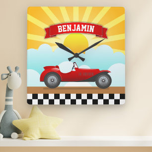 Horloge Carrée Voiture de course rouge vintage nom personnalisé c