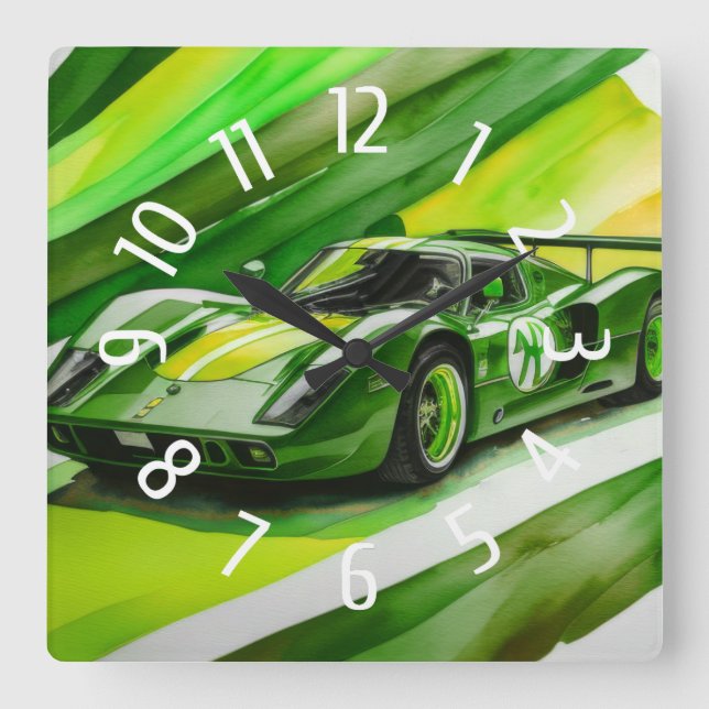 Horloge Carrée Voiture de course verte Aquarelle jaune (Recto)