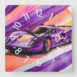 Horloge Carrée Voiture de course violet aquarelle Jaune