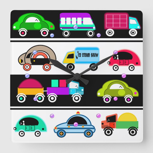 Horloge Carrée Voitures amusantes (Recto)