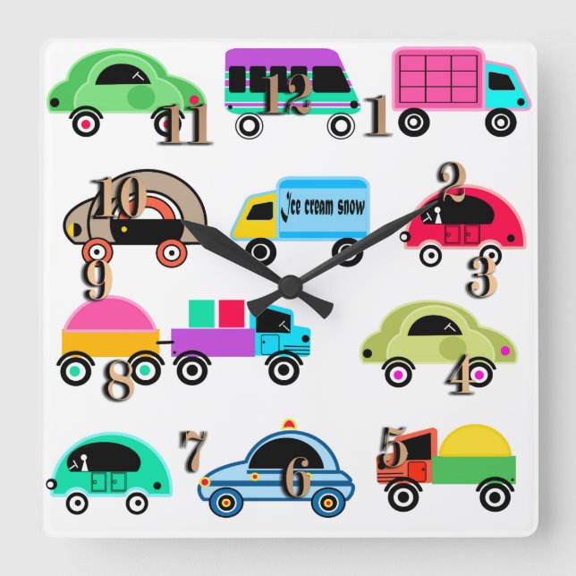 Horloge Carrée Voitures amusantes (Recto)