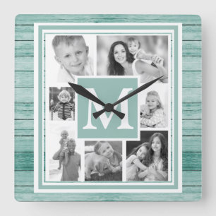 Horloge Carrée Vos Photos Noir Blanc Turquoise Bois Nautique