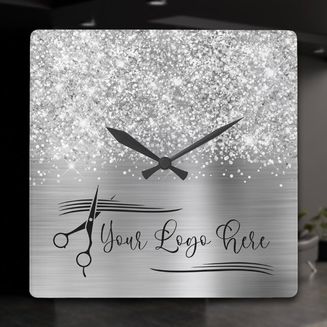 Horloge Carrée Votre Logo Glittery Silver Glam (Your Logo Glittery Silver Glam Square Wall Clock)