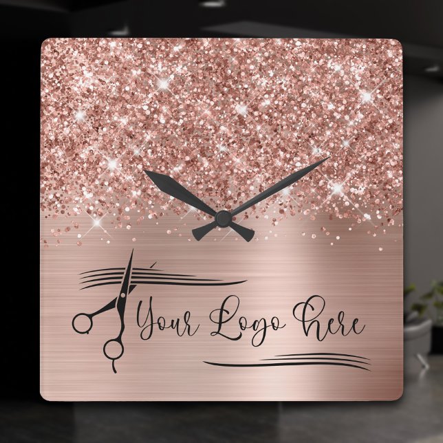 Horloge Carrée Votre logo pailleté rose or glamour (Rose Gold Glitter and Foil Logo Square Wall Clock)