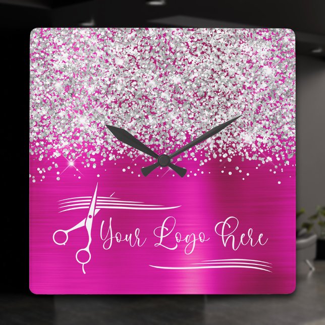 Horloge Carrée Votre Logo Parties scintillant Argent Chaud Rose G (Your Logo Silver Glitter Hot Pink Glam Square Wall Clock)