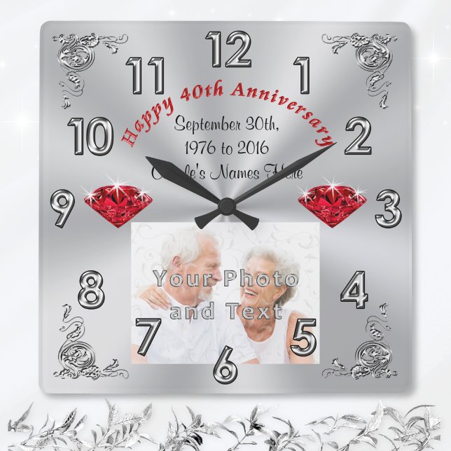 Horloge Carrée Votre photo et TEXTE Cadeaux du 40e anniversaire (40th wedding anniversary gifts for parents. 40th anniversary wedding gifts. Ruby anniversary gifts.)