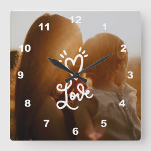Horloge Carrée Votre propre photo Amour Coeur blanc