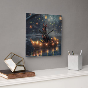Horloge Carrée Voyage de Noël festif du Doberman