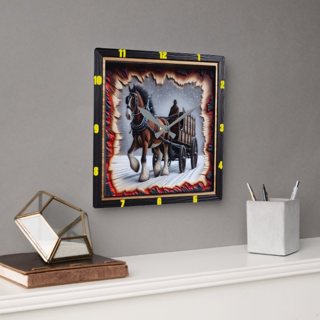 Horloge Carrée Voyage d'hiver Charred Wood Clydesdale (Bureau)