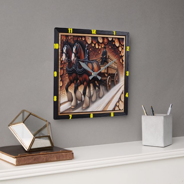 Horloge Carrée Voyage d'hiver Charred Wood Clydesdale chef-d'oeuv (Bureau)