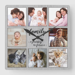 Horloge Carrée Voyage en famille vers Forever Rustic Photo Collag