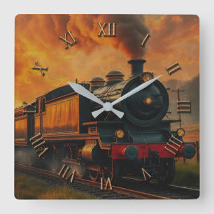 Horloge Carrée Voyage en train victorien - Steampunk Steam Train2