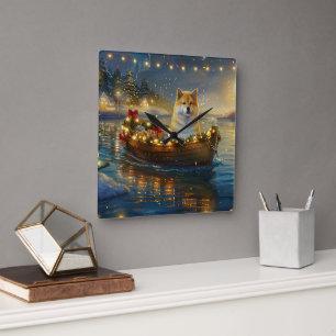 Horloge Carrée Voyage festif de Noël Akita Américain