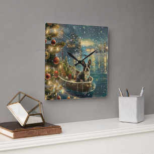 Horloge Carrée Voyage festif de Noël de Boston Terrier