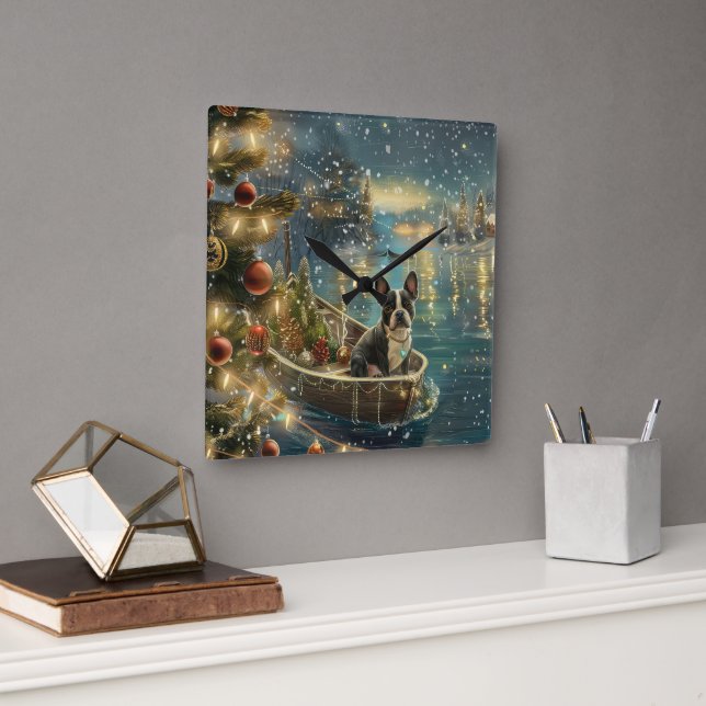 Horloge Carrée Voyage festif de Noël de Boston Terrier (Bureau)