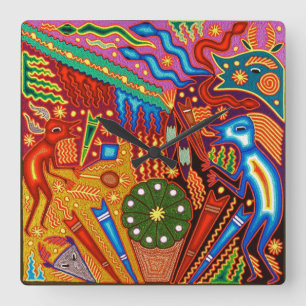 Horloge Carrée Voyage tribal maya mexicain de Boho d'art d'Oaxaca