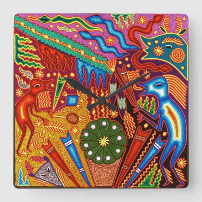 Horloge Carrée Voyage tribal maya mexicain de Boho d'art d'Oaxaca (Recto)