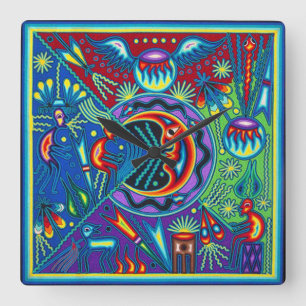 Horloge Carrée Voyage tribal maya mexicain de Boho d'art d'Oaxaca
