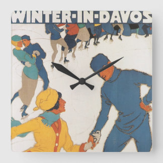 Horloge Carrée Voyage Vintage, Art Déco, Davos Suisse Hiver