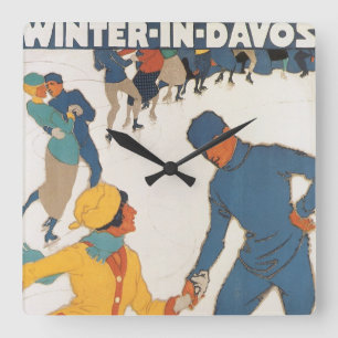 Horloge Carrée Voyage Vintage, Art Déco, Hiver Davos Suisse