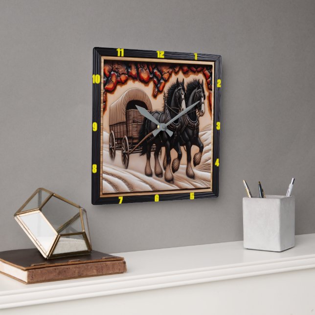 Horloge Carrée Wagon à neige : Charred Wood Clydesdale personnali (Bureau)