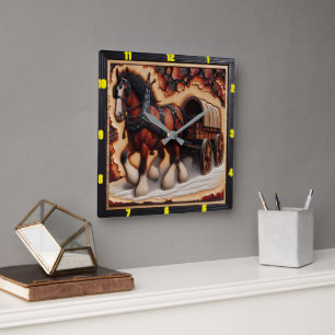 Horloge Carrée Wagon Trail : Charred Wood Clydesdale personnalisé