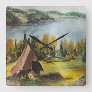 Horloge Carrée Wall Clock Ann Hayes Painting Chalet On The Lake